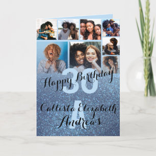 Navy Blue Glitter Photo Collage Happy Birthday Kaart