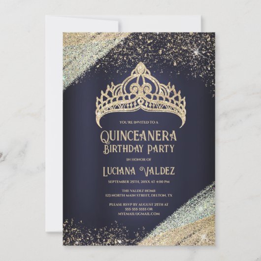 Navy Blue Glitter Princess Tiara Quinceañera Kaart (Voorkant)