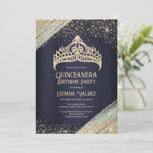 Navy Blue Glitter Princess Tiara Quinceañera Kaart (Staand voorkant)