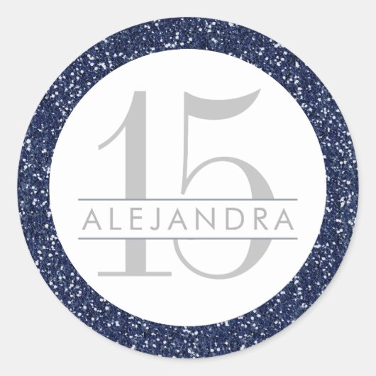 Navy Blue Glitter Quince Años Favor Sticker Label (Voorkant)