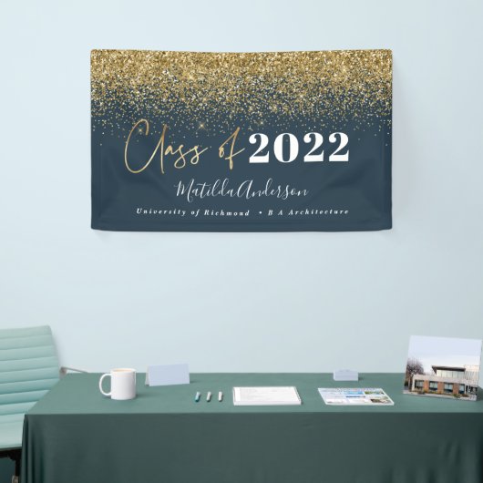 navy blue glitter script class van afstuderen spandoek (Beurs)