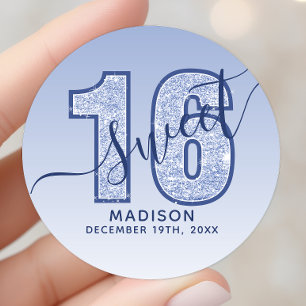 Navy Blue Glitter Script Sweet 16 Verjaardag Ronde Sticker