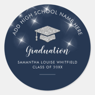 Navy Blue Glitter Silver Afstuderen School Afstude Ronde Sticker