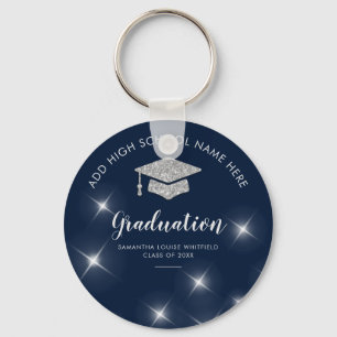 Navy Blue Glitter Silver Afstuderen School Afstude Sleutelhanger