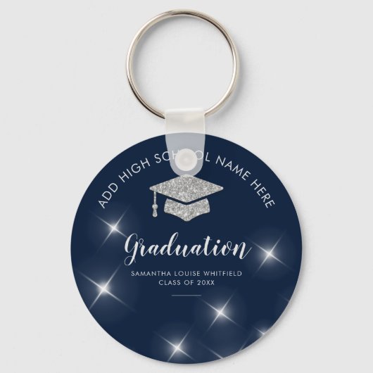 Navy Blue Glitter Silver Afstuderen School Afstude Sleutelhanger (Voorkant)