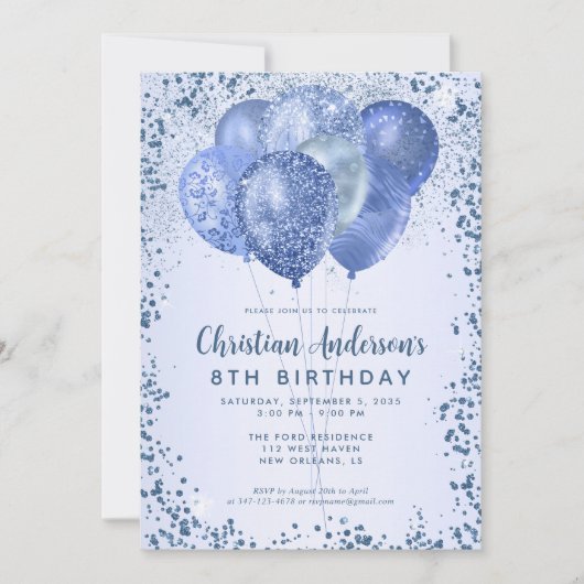 Navy Blue Glitter Sparkle Balloon Kids Verjaardag Kaart (Voorkant)