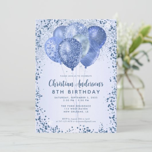 Navy Blue Glitter Sparkle Balloon Kids Verjaardag Kaart (Staand voorkant)