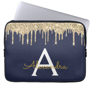 Navy Blue Glitter Sparkle Monogram Laptop Sleeve