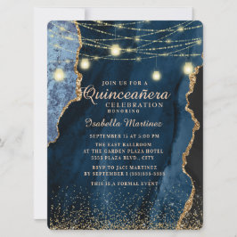 Navy Blue Glitter String Lights Quinceañera Kaart