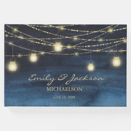 Navy Blue Glitter String Lights Wedding Gastenboek (Voorkant)