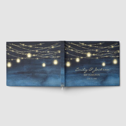 Navy Blue Glitter String Lights Wedding Gastenboek (Volledig)