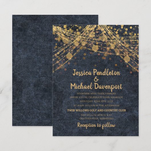 Navy Blue Glitter String Lights Wedding Kaart (Voorkant / Achterkant)