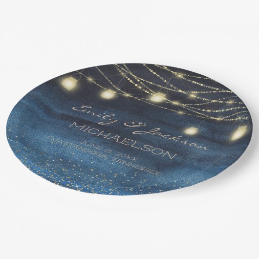 Navy Blue Glitter String Lights Wedding Papieren Bordje (Gekanteld)