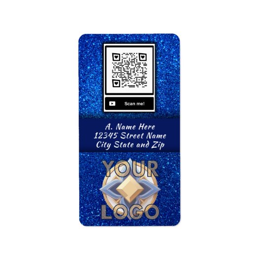 Navy Blue Glitter Verticale QR-code Logo Event Pro Etiket (Voorkant)