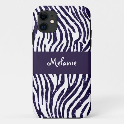 Navy Blue Glitter Zebra Monogram iPhone Case (Achterkant)