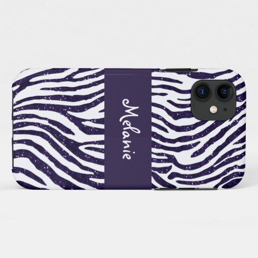 Navy Blue Glitter Zebra Monogram iPhone Case (Achterkant (horizontaal))