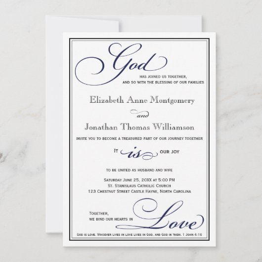 Navy Blue God is Love Christelijk Wedding Invitati Kaart (Voorkant)
