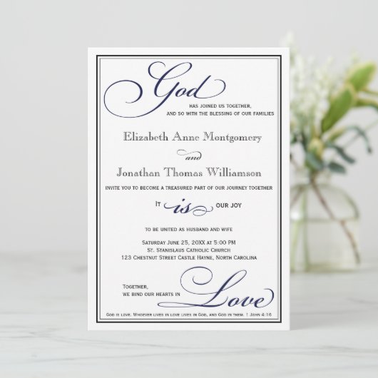 Navy Blue God is Love Christelijk Wedding Invitati Kaart (Staand voorkant)