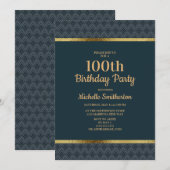 Navy Blue Gold 100th Birthday Party Kaart (Voorkant / Achterkant)