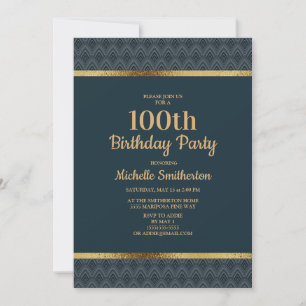 Navy Blue Gold 100th Birthday Party Kaart