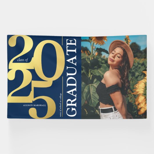 Navy Blue Gold 2025 Afstuderen Foto Afstuderen Spandoek (Horizontaal)
