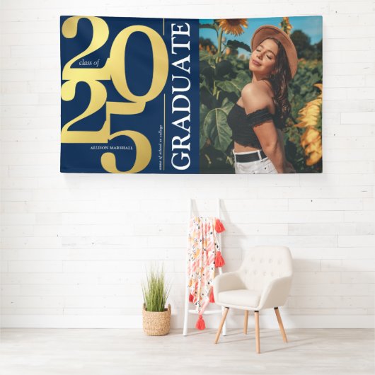 Navy Blue Gold 2025 Afstuderen Foto Afstuderen Spandoek (Insitu)