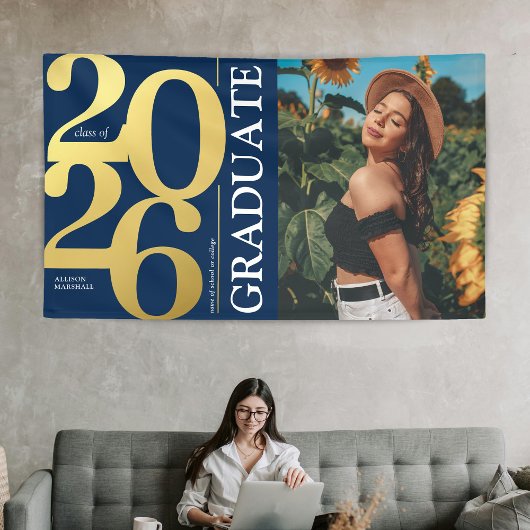 Navy Blue Gold 2025 Afstuderen Foto Afstuderen Spandoek