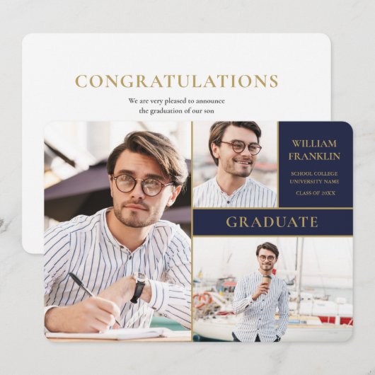 Navy Blue Gold 3 Foto Collage Afstuderen Announc Aankondiging (Voorkant / Achterkant)