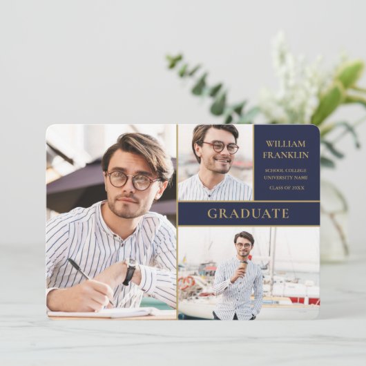 Navy Blue Gold 3 Foto Collage Afstuderen Announc Aankondiging (Staand voorkant)