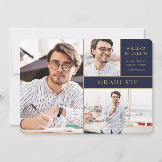 Navy Blue Gold 3 Foto Collage Afstuderen Announc Aankondiging (Voorkant)