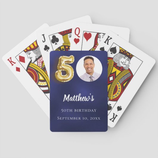 Navy blue gold 50th photo birthday party pokerkaarten (Achterkant)