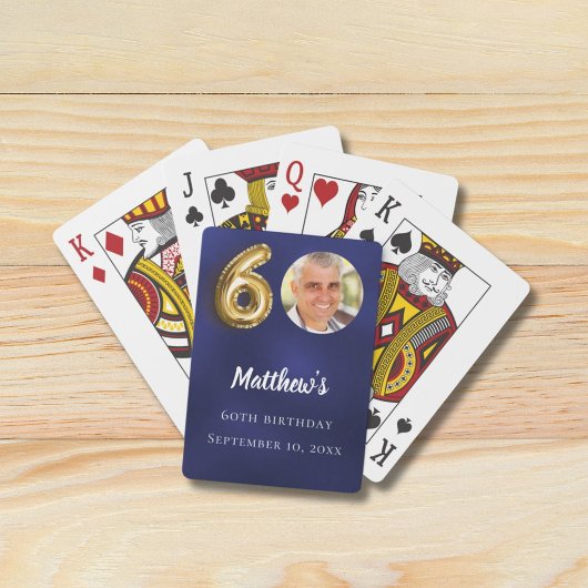 Navy blue gold 60th photo birthday party pokerkaarten