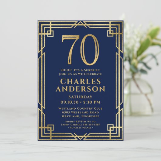 Navy Blue Gold 70e verjaardag foto verrassingsfees Kaart (Staand voorkant)
