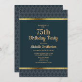 Navy Blue Gold 75th Birthday Party Kaart (Voorkant / Achterkant)