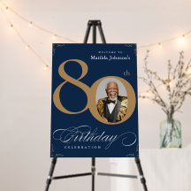 Navy Blue Gold 80e verjaardagsfeest welkomstbord