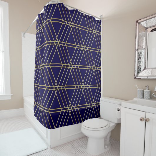 Navy Blue & Gold Abstract Geometric Pattern Luxury Douchegordijn (In situ)
