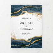 Navy Blue Gold Abstract Ink QR Code Weddenschap Drieluik Uitnodiging (Cover)