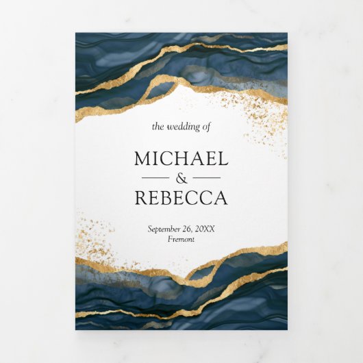 Navy Blue Gold Abstract Ink QR Code Weddenschap Drieluik Uitnodiging (Cover)