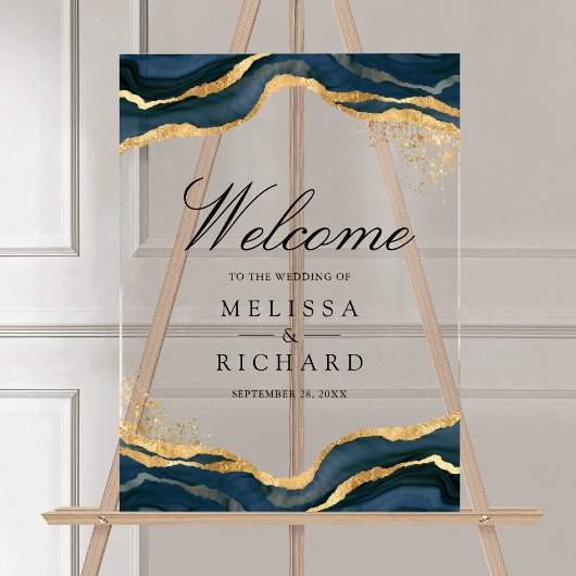 Navy Blue Gold Abstract Ink Wedding Welcome Acryl Bord