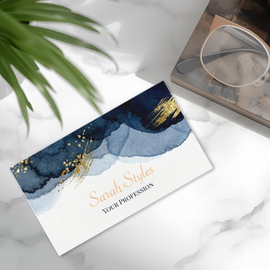 Navy Blue & Gold Abstract Watercolor  Visitekaartje