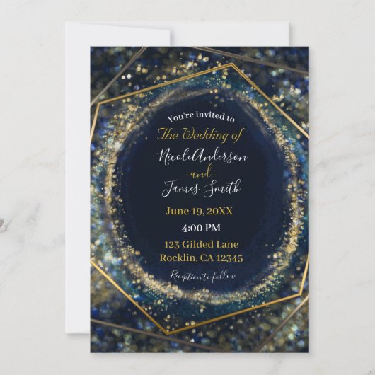 Navy Blue Gold Abstracte lichten Geometric Wedding Kaart (Voorkant)