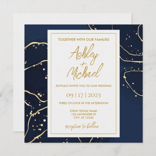 Navy Blue Gold Abstracte marmer Wedding Invitation Kaart (Voorkant / Achterkant)