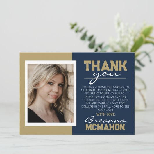 Navy Blue & Gold Afstuderen 2 Foto Dank u Kaart (Staand voorkant)