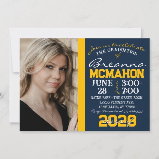 Navy Blue & Gold Afstuderen 2 Fotouitnodiging Kaart (Voorkant)