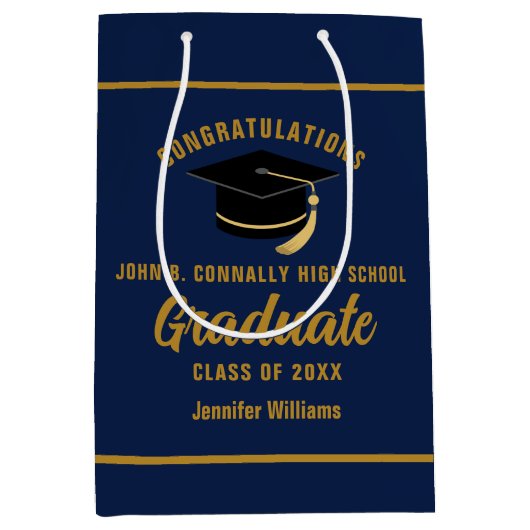 Navy Blue Gold Afstuderen Custom Graduation Party Medium Cadeauzakje (Voorkant)