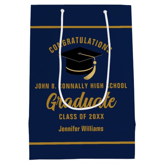 Navy Blue Gold Afstuderen Custom Graduation Party Medium Cadeauzakje (Achterkant)