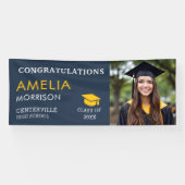 Navy Blue Gold Afstuderen Foto Afstuderen Spandoek (Horizontaal)