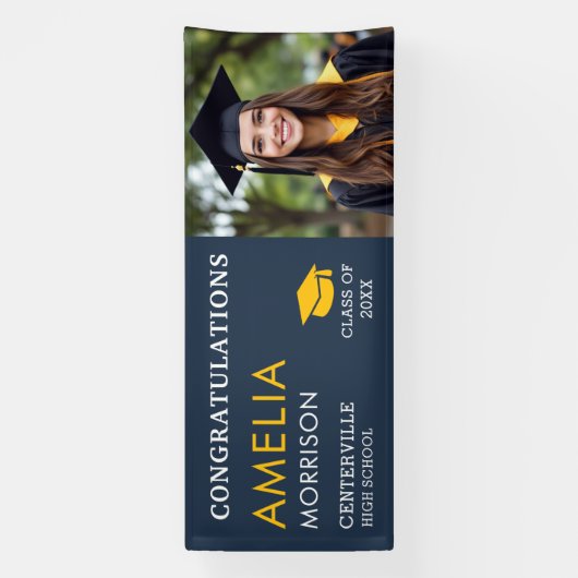 Navy Blue Gold Afstuderen Foto Afstuderen Spandoek (Verticaal)