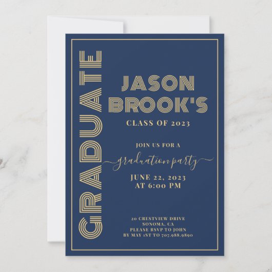 Navy Blue Gold Afstuderen Kaart (Voorkant)