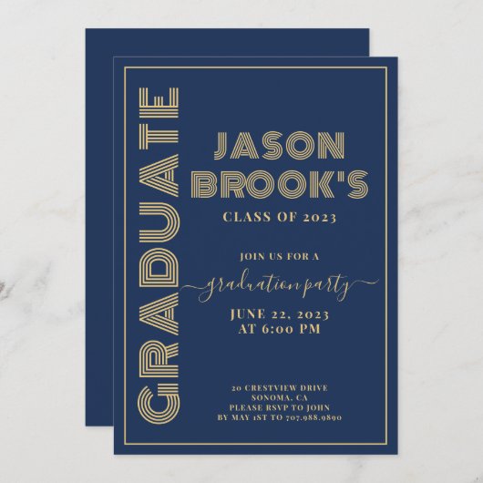 Navy Blue Gold Afstuderen Kaart (Voorkant / Achterkant)